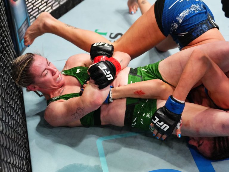 Diana Belbita screams after being hit by Nasty Molly McCann’s armbar at UFC Fight Night 235